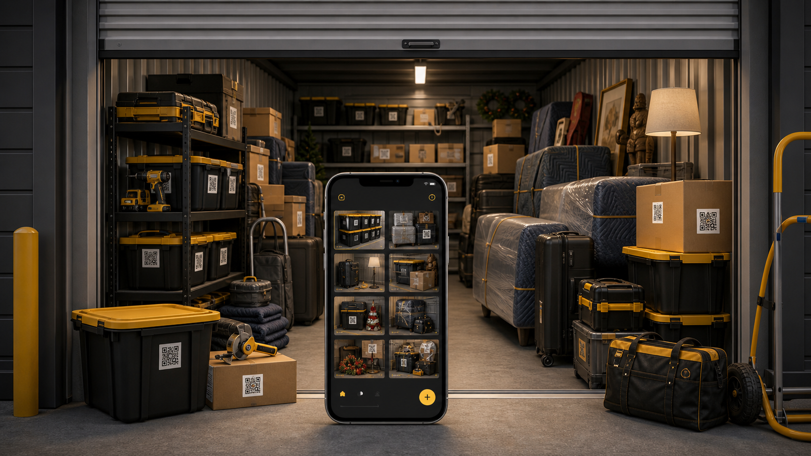 Open storage unit with shelves, bins, boxes, furniture, QR labels, and a searchable phone inventory